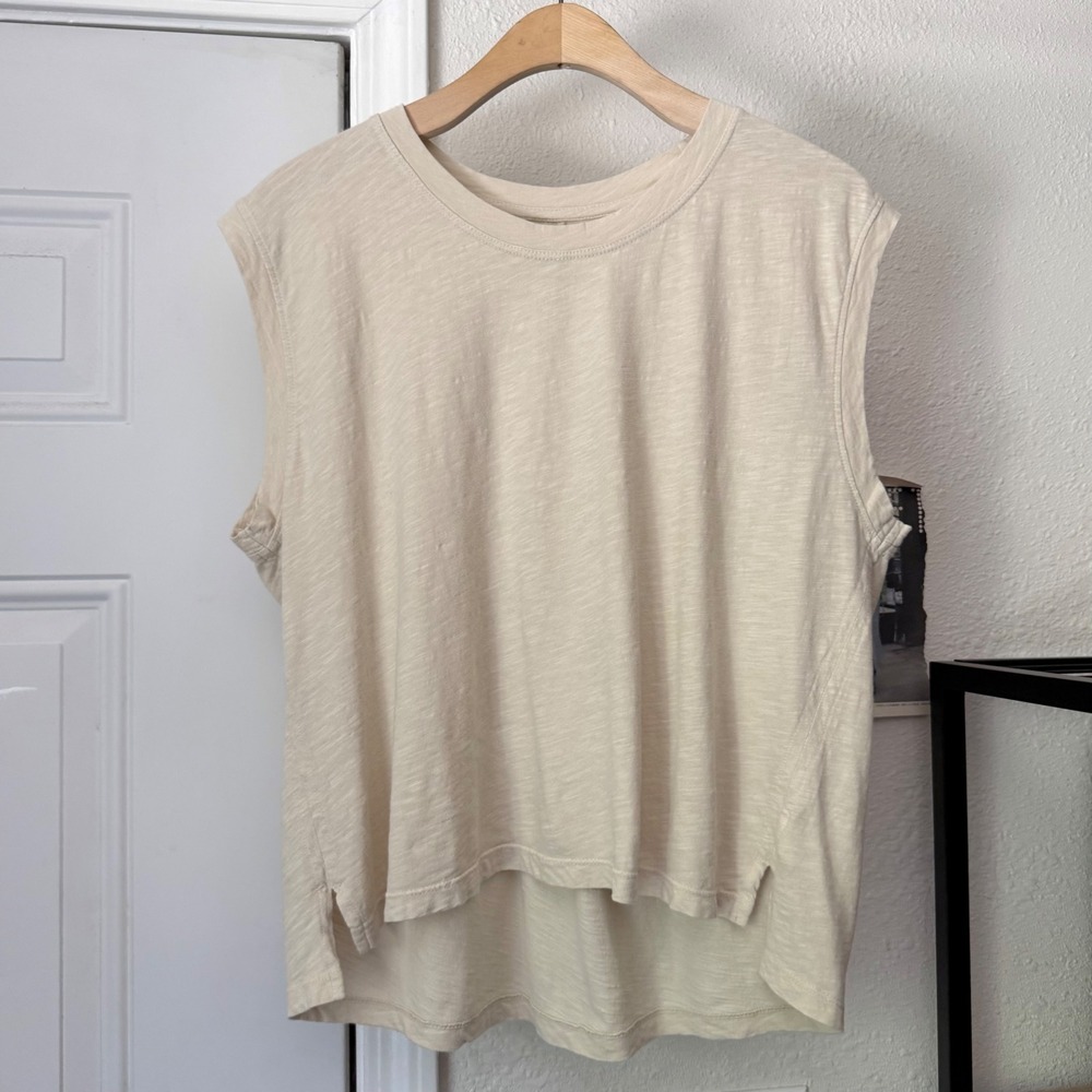 ROWAN cream ivory beige crew neck cotton pleated boxy cropped tank top